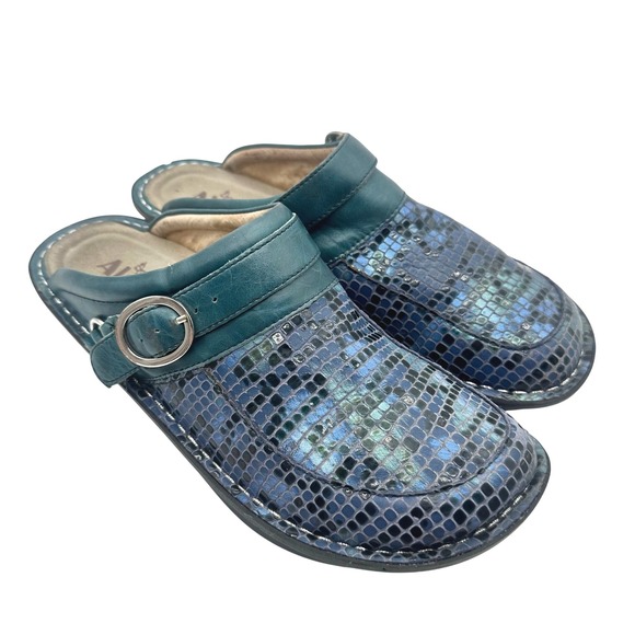 Alegria Shoes - Alegria Seville Blue Teal Mosaic Snakeskin Leather Clogs Swivel Strap 40/9.5-10